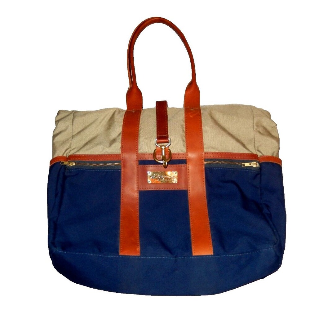 Sword & Plough Signature Tote Bag Navy Blue Tan Leather Trim Canvas Travel USA